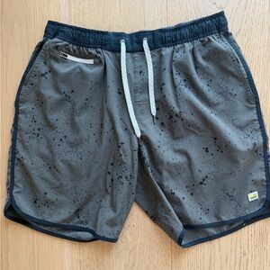 Vuori Olive Athletic Shorts with Black Splatter and Navy Trim
